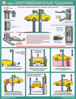 ПС54 Безопасность в авторемонтной мастерской. электромеханический подъемник (ламинированная бумага, А2, 1 лист) - Плакаты - Автотранспорт - магазин "Охрана труда и Техника безопасности"